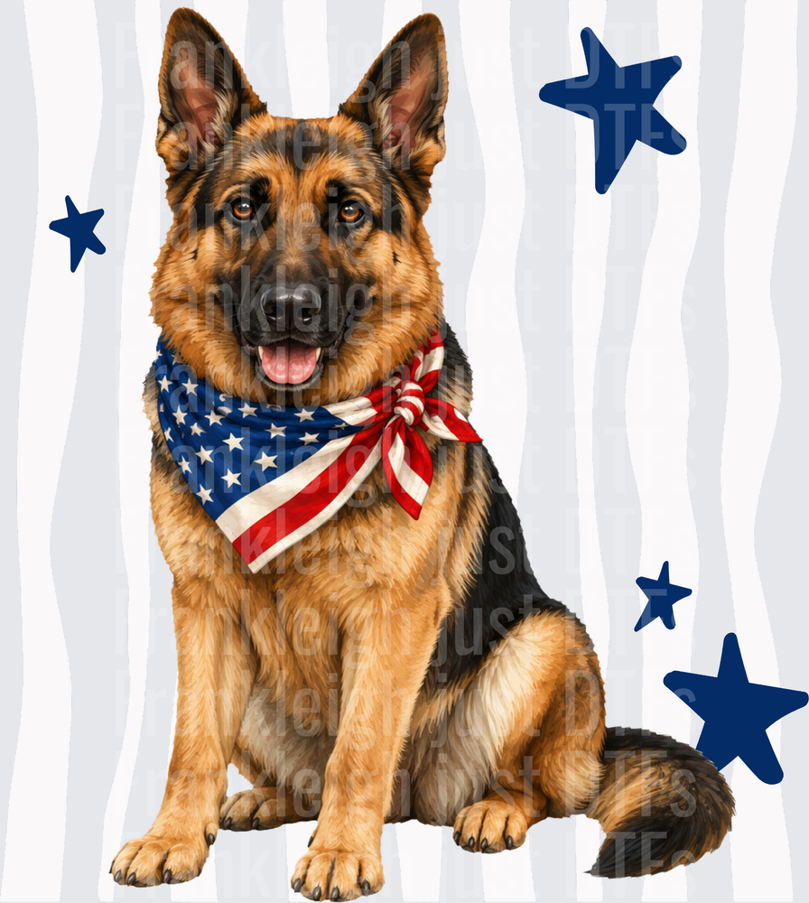 German Shepherd Dog Wearing American Flag Bandana with Blue Stars Front