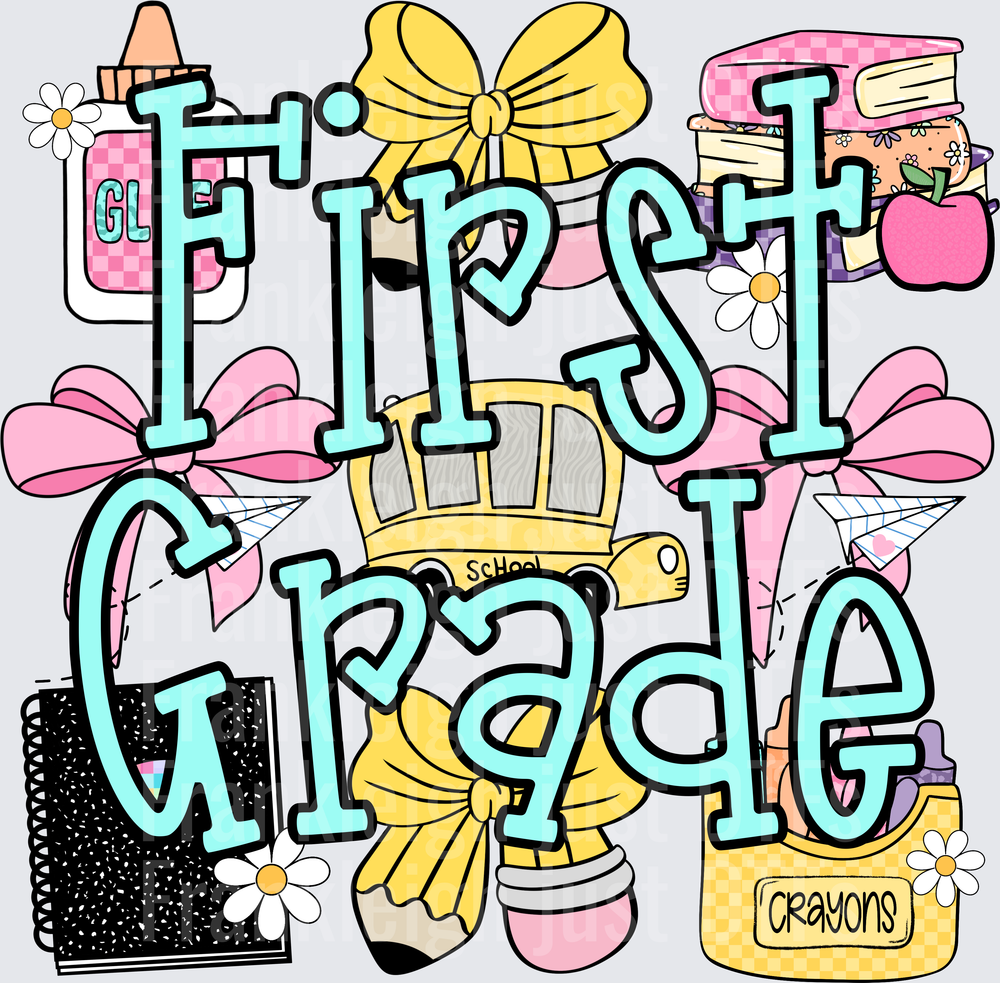 First Grade  School Supplies Coquette Bow Pencil Crayon Glue Design