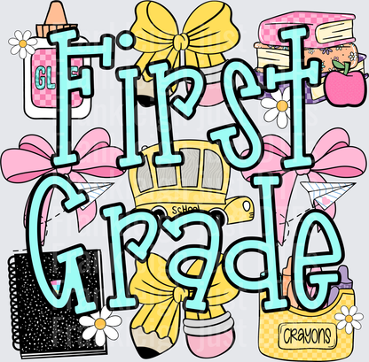 First Grade  School Supplies Coquette Bow Pencil Crayon Glue Design