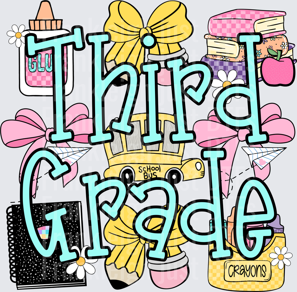 Third Grade  School Supplies Coquette Bow Pencil Crayon Glue Design