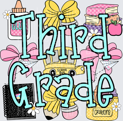 Third Grade  School Supplies Coquette Bow Pencil Crayon Glue Design