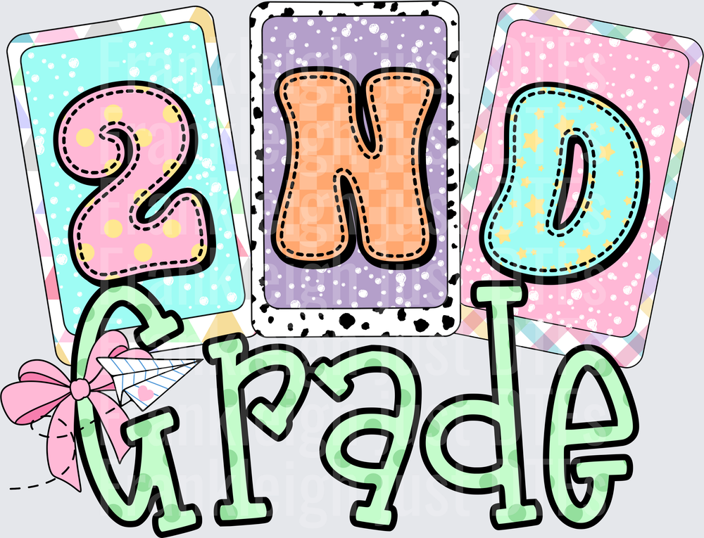 2nd Grade  Pastel Patchwork Cards with Pink Bow Design
