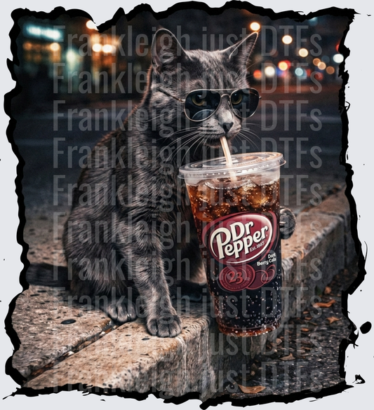 blue russian cat drinking dr pepper