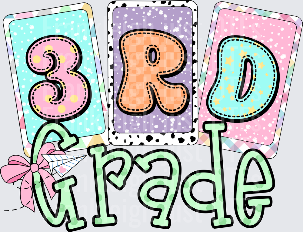 3rd Grade Pastel Patchwork Cards with Pink Bow Design