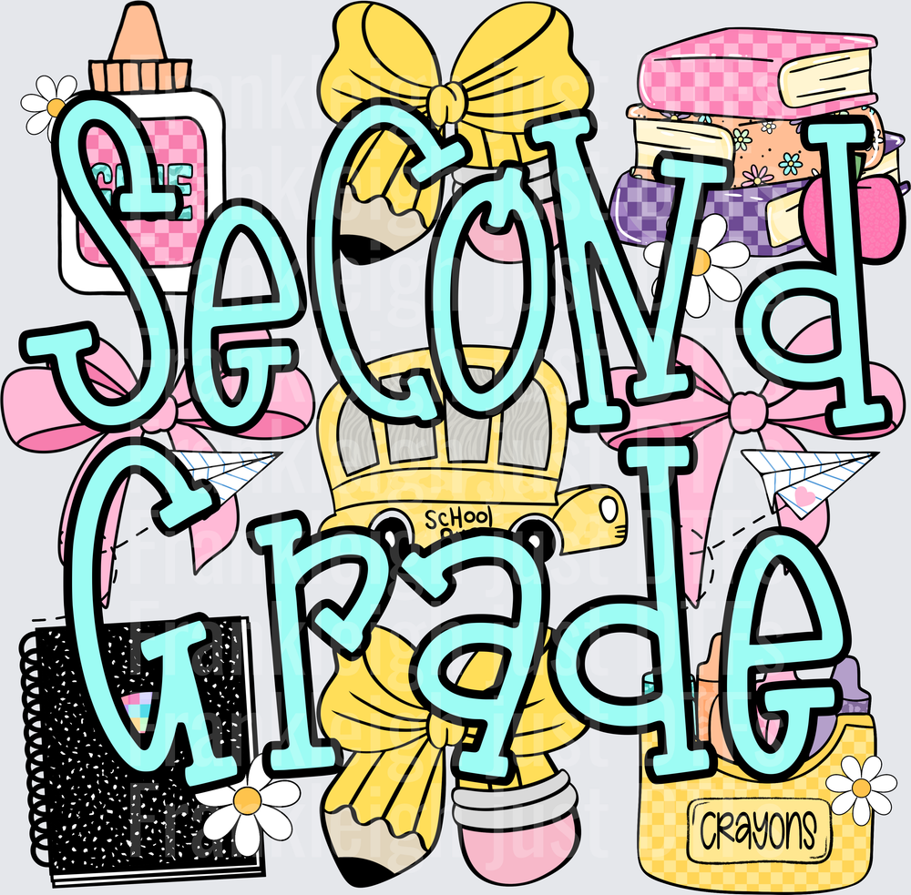 Second Grade  School Supplies Coquette Bow Pencil Crayon Glue Design