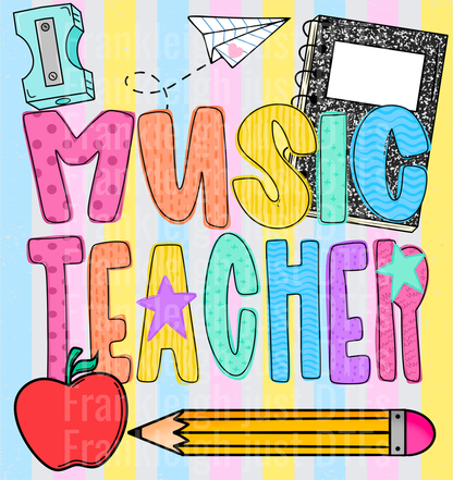 Music Teacher Colorful School Supplies Doodle with Stars and Apple
