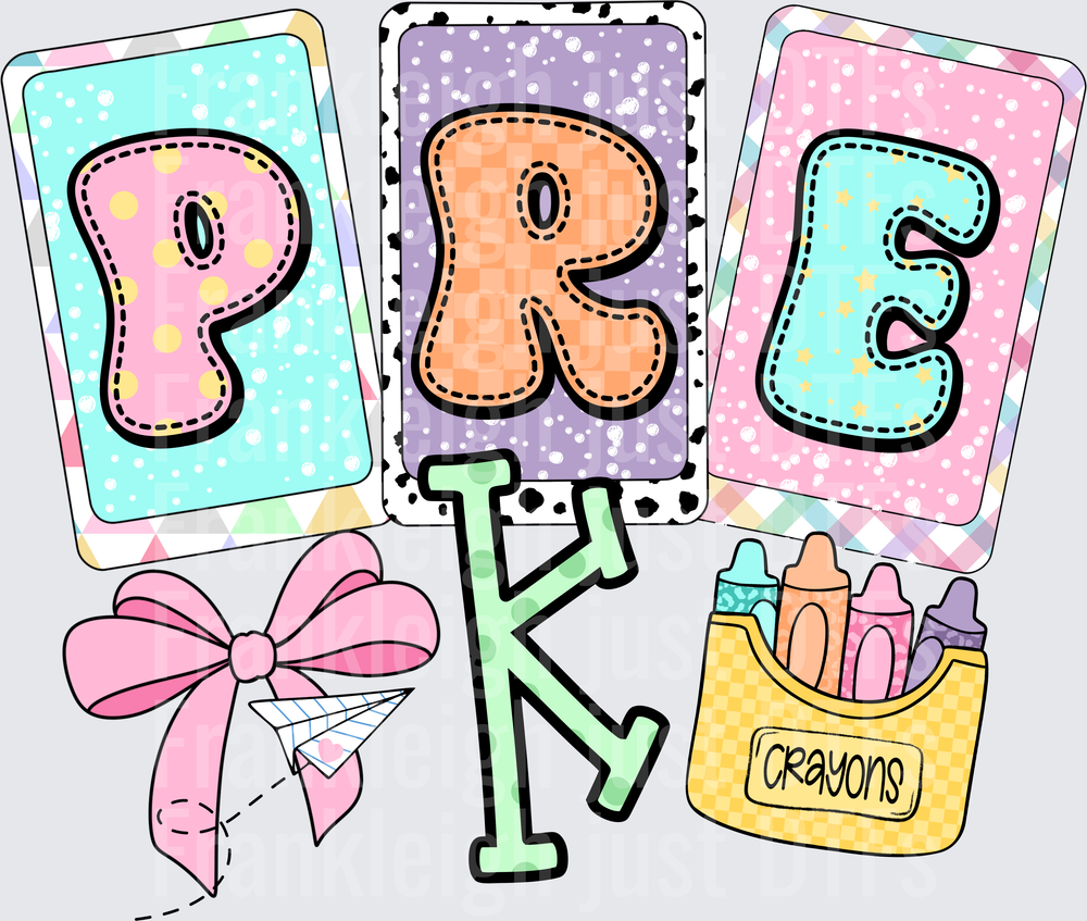 Pastel Pre-K Letters Cards Bow Crayons Back to School