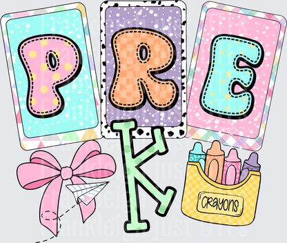 Pastel Pre-K Letters Cards Bow Crayons Back to School