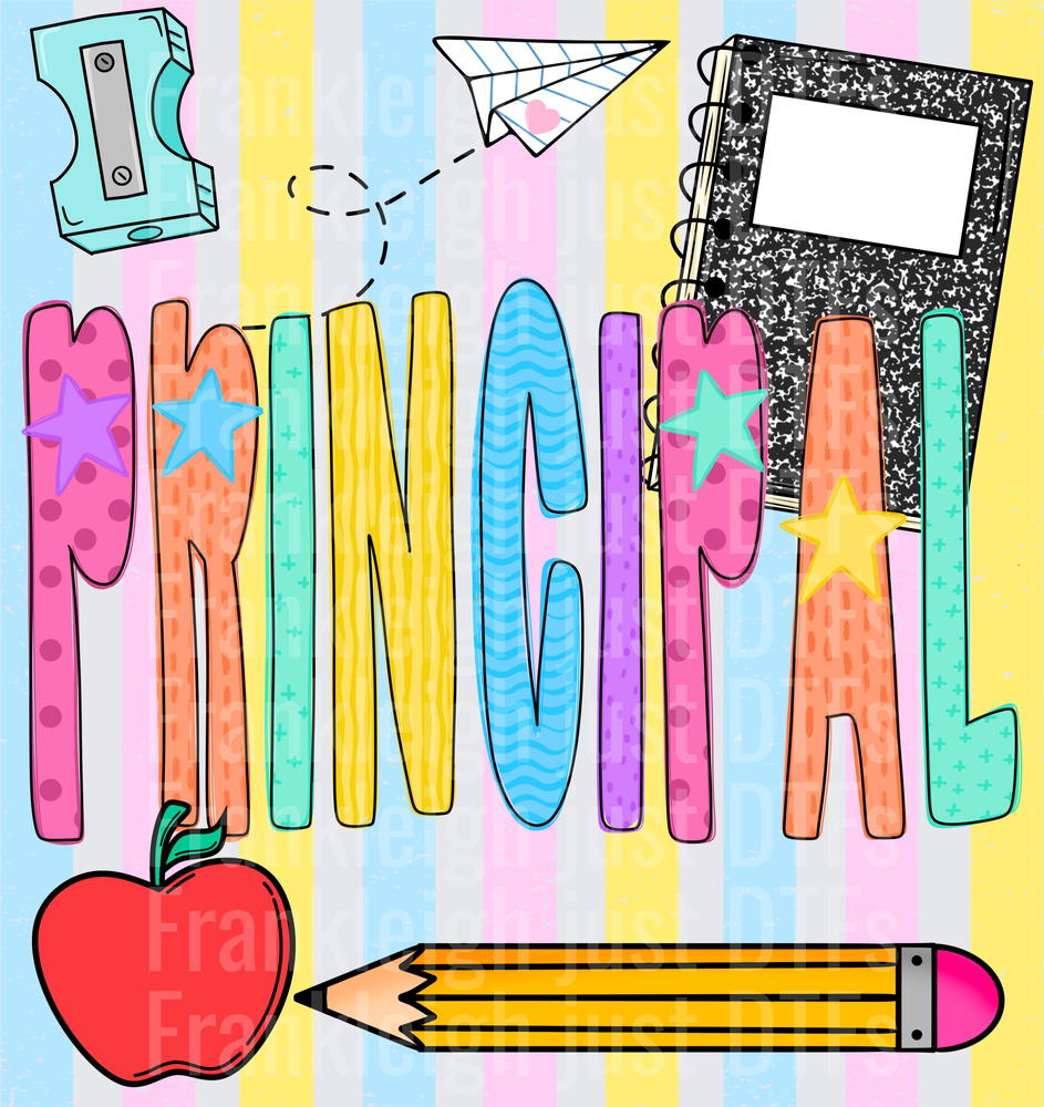 Principal Colorful School Supplies Doodle with Stars and Apple