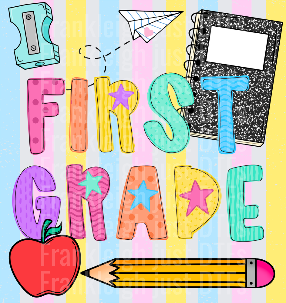 first grade Colorful School Supplies Doodle with Stars and Apple