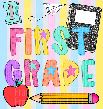 first grade Colorful School Supplies Doodle with Stars and Apple