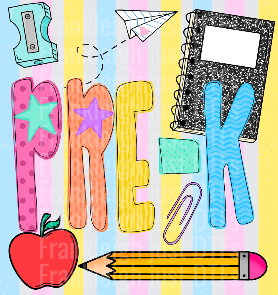 Pre-K Colorful School Supplies Doodle with Stars and Apple