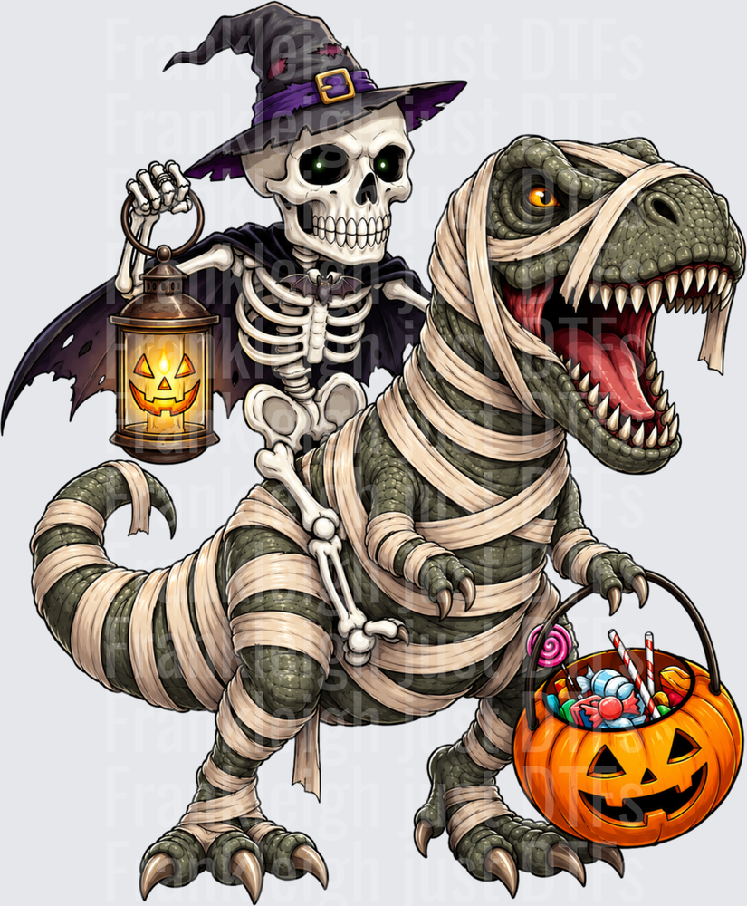 Skeleton Riding Mummy Dinosaur T rex Halloween Png