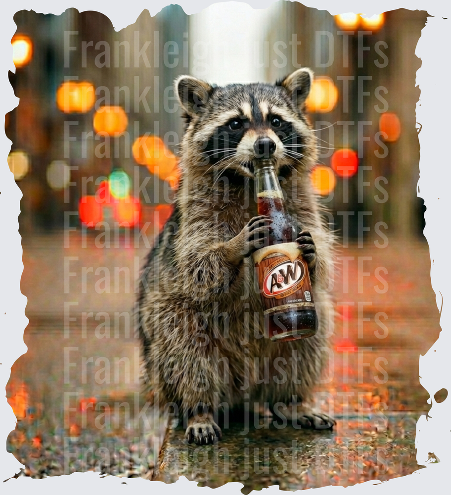 raccoon drinking aw root beer