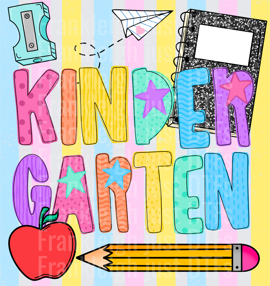 Kindergarten Colorful School Supplies Doodle with Stars and Apple