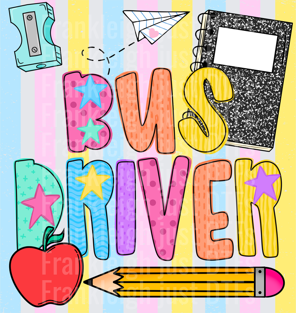 Bus Driver Colorful School Supplies Doodle with Stars and Apple